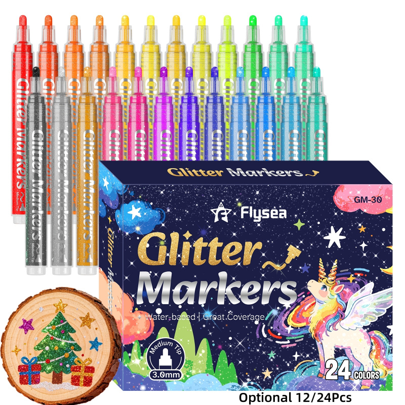 Art Craft Doodle - 12/24 Color Acrylic Glitter Markers Pen,0.7mm/3.0mm