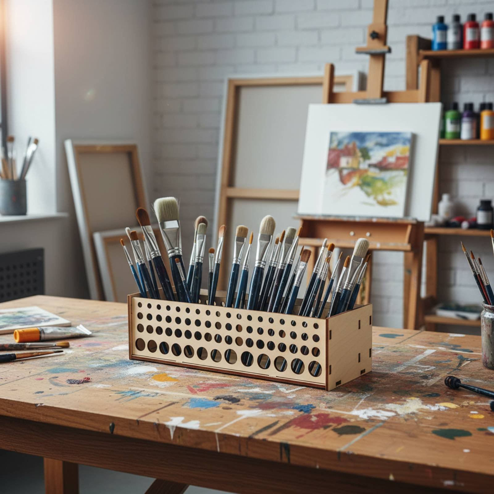 Paint Brush Rack 67 Holes Wood - đánh giá và giá Art Craft Room
